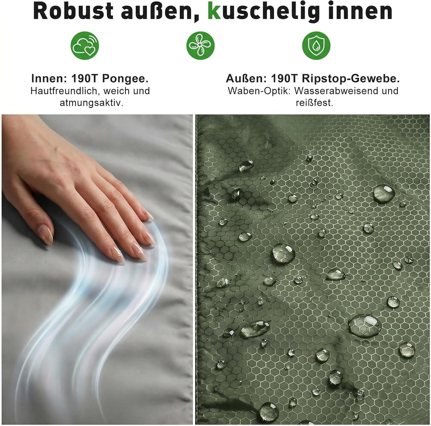 Mumienschlafsack für Erwachsene, 4 Jahreszeiten (0 °C - +5 °C) Grün