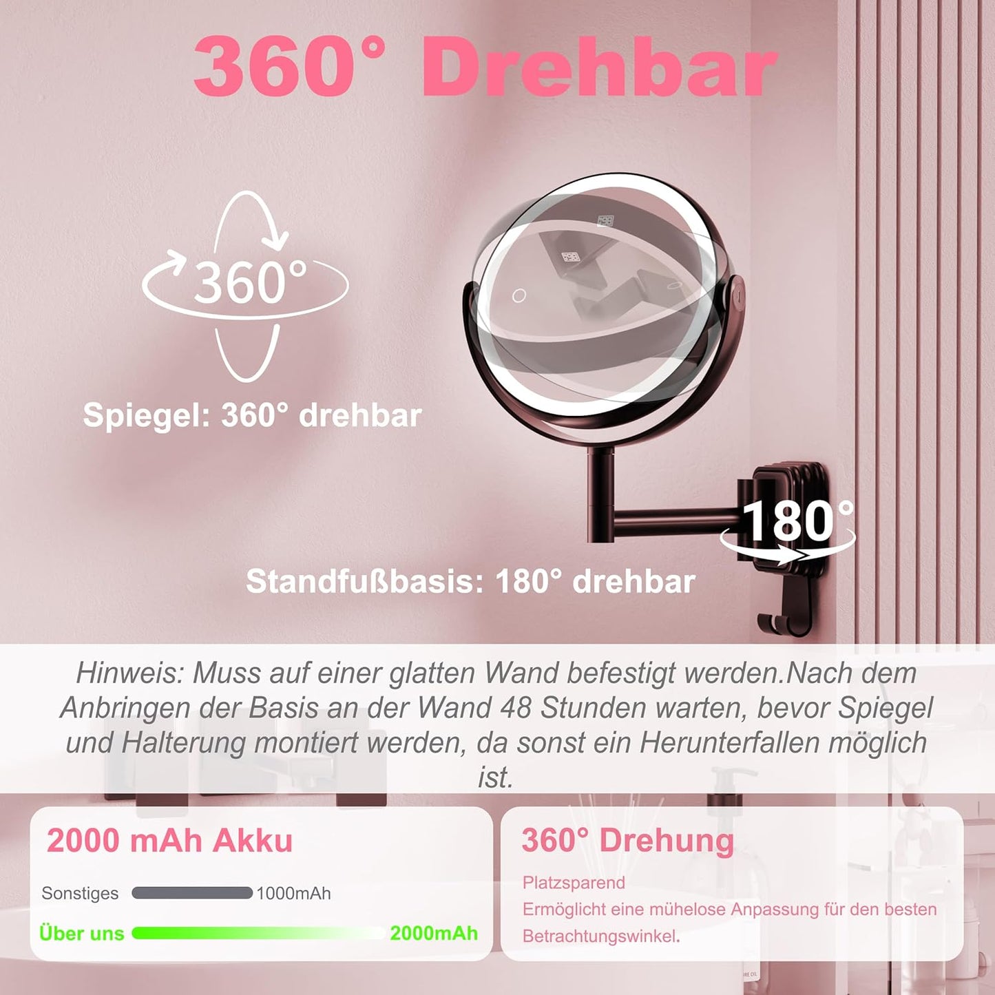 Wandkosmetikspiegel mit Beleuchtung und Vergrösserung, 360° Drehbar