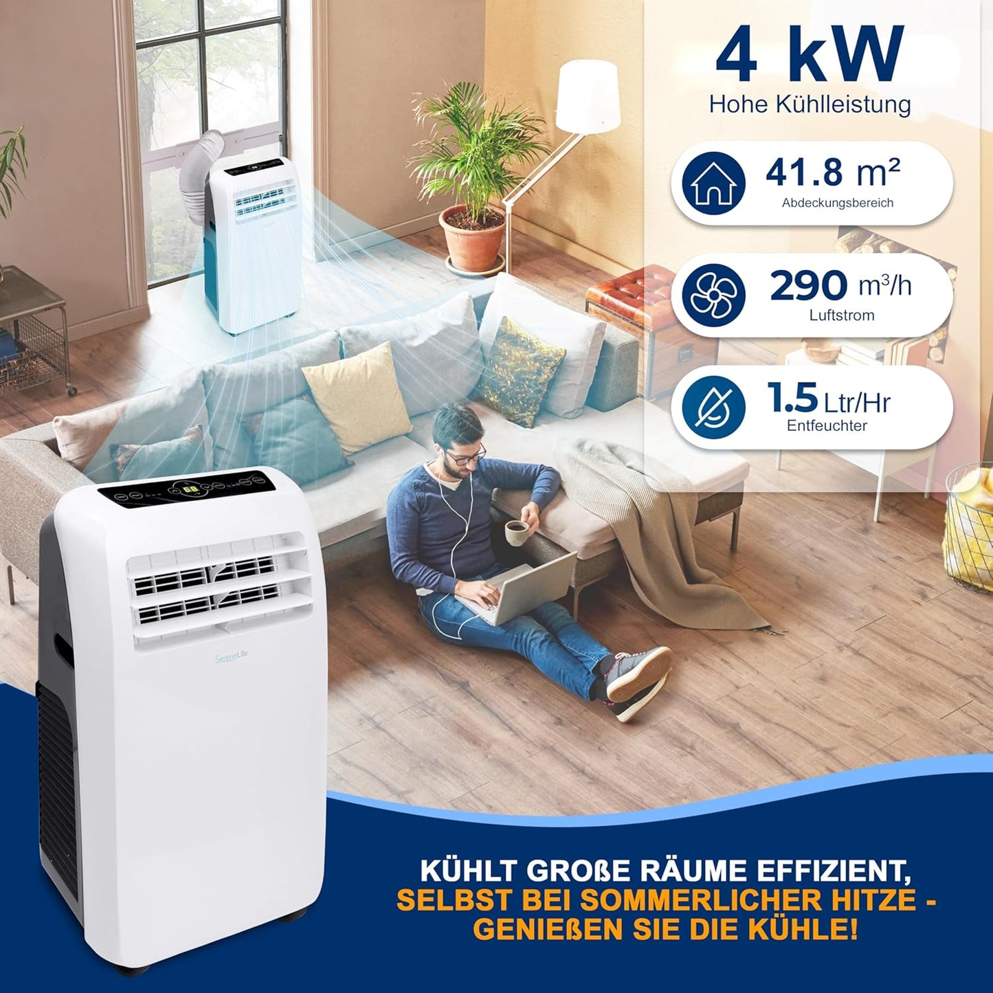 Mobiles Klimagerät 9000BTU mit Abluftschlauch, 9,000 BTU EU