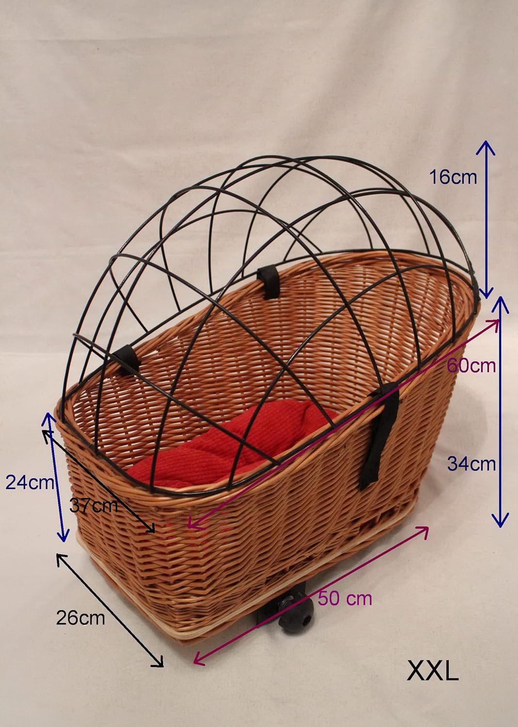 Hundefahrradkorb mit Metallgitter und Kissen, XXL L 60 x B 40 x H 50 cm mit Kissen