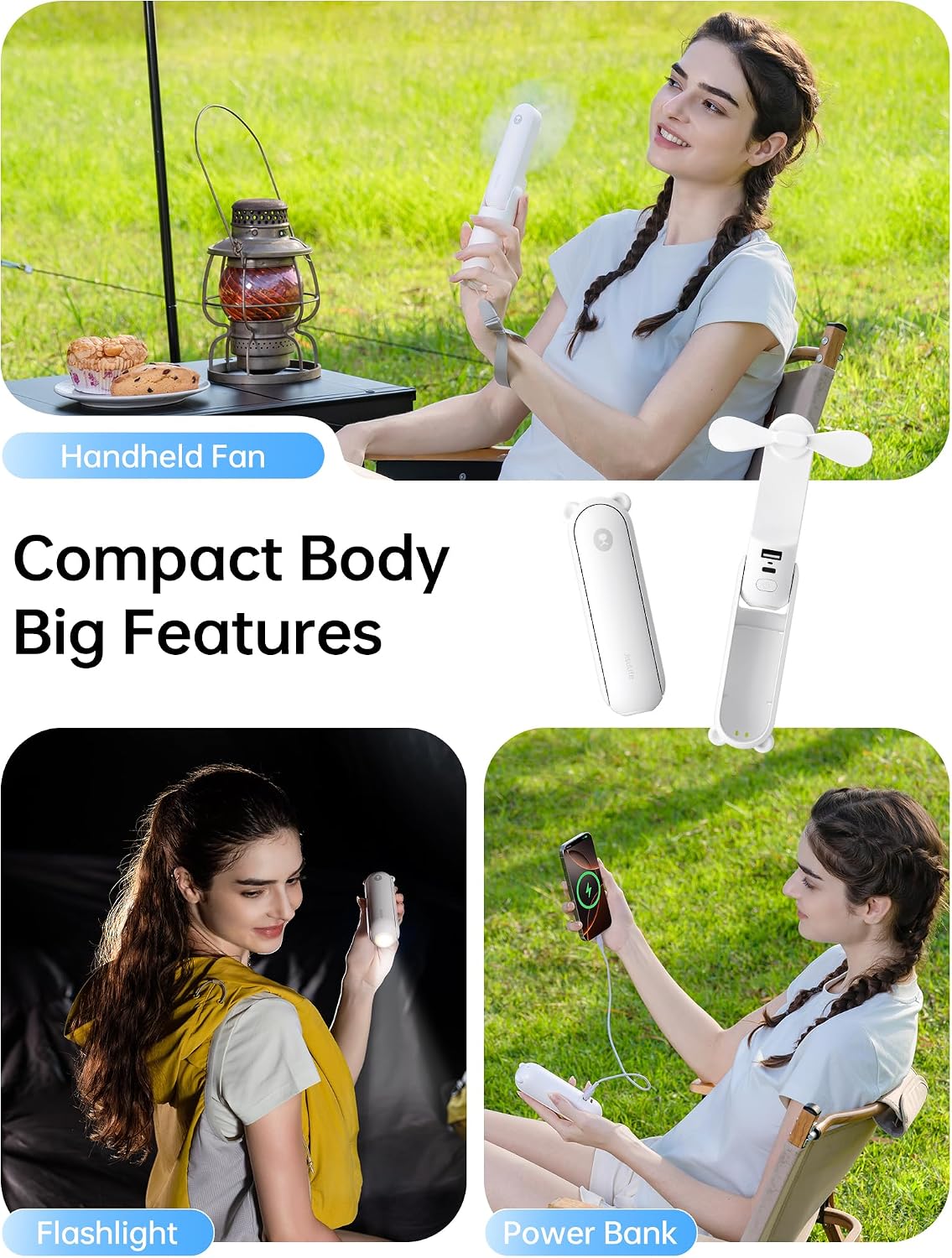 3-in-1 Handventilator Mini mit Powerbank & Taschenlampe, Weiss