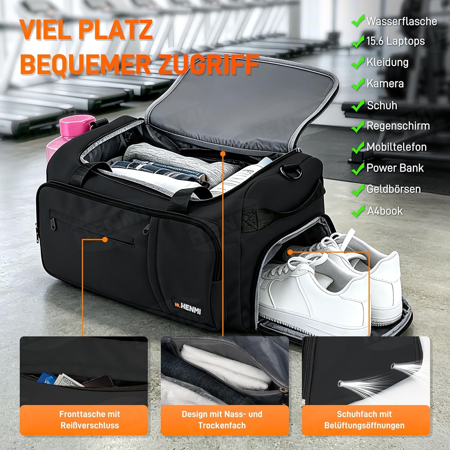 Sport- und Reisetasche mit Schuh- und Nassfach, Schwarz