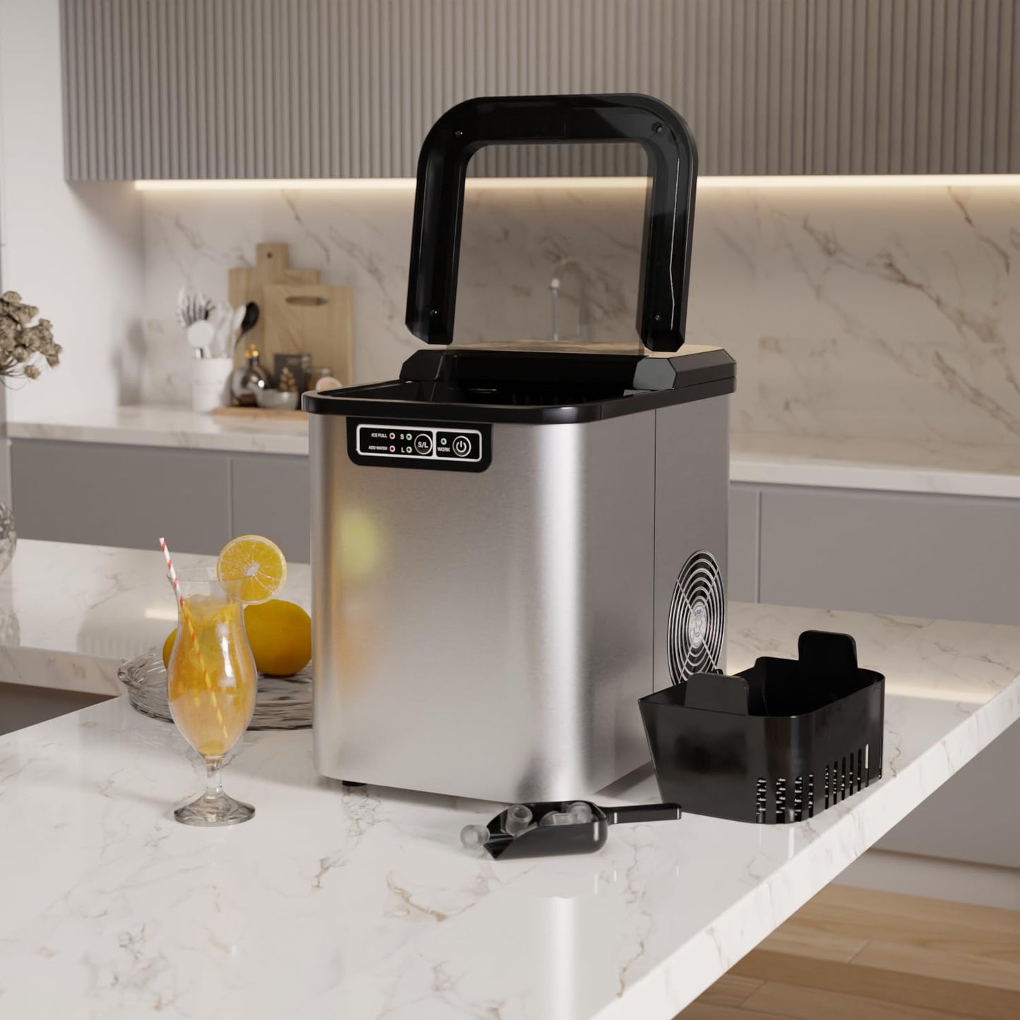 Eiswürfelmaschine mit Selbstreinigung, Edelstahl (Silber)