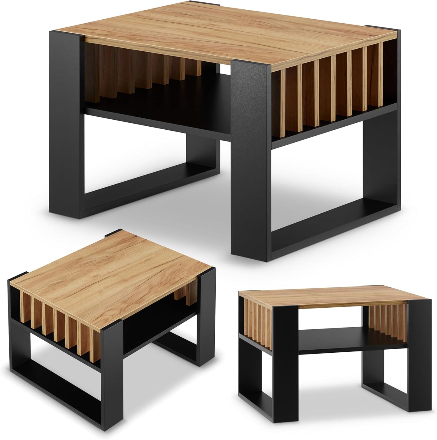 Kleiner Couchtisch mit Stauraum und Lamellen-Design, Schwarz + Eiche