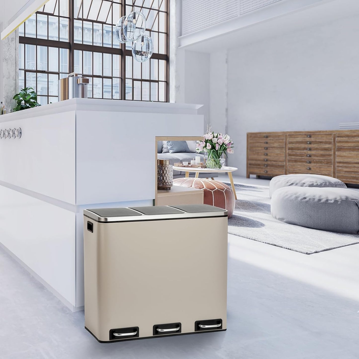 TM3X18 Treteimer mit 3 Fächern, Taupe TM3X18