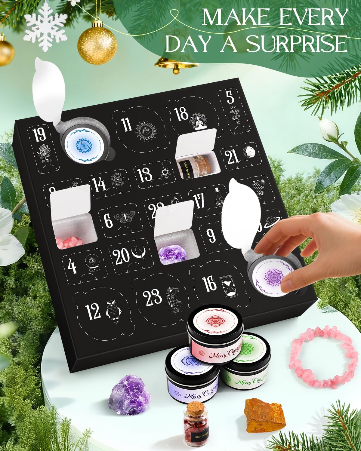 Chakra-Adventskalender mit Edelsteinen und Duftkerzen
