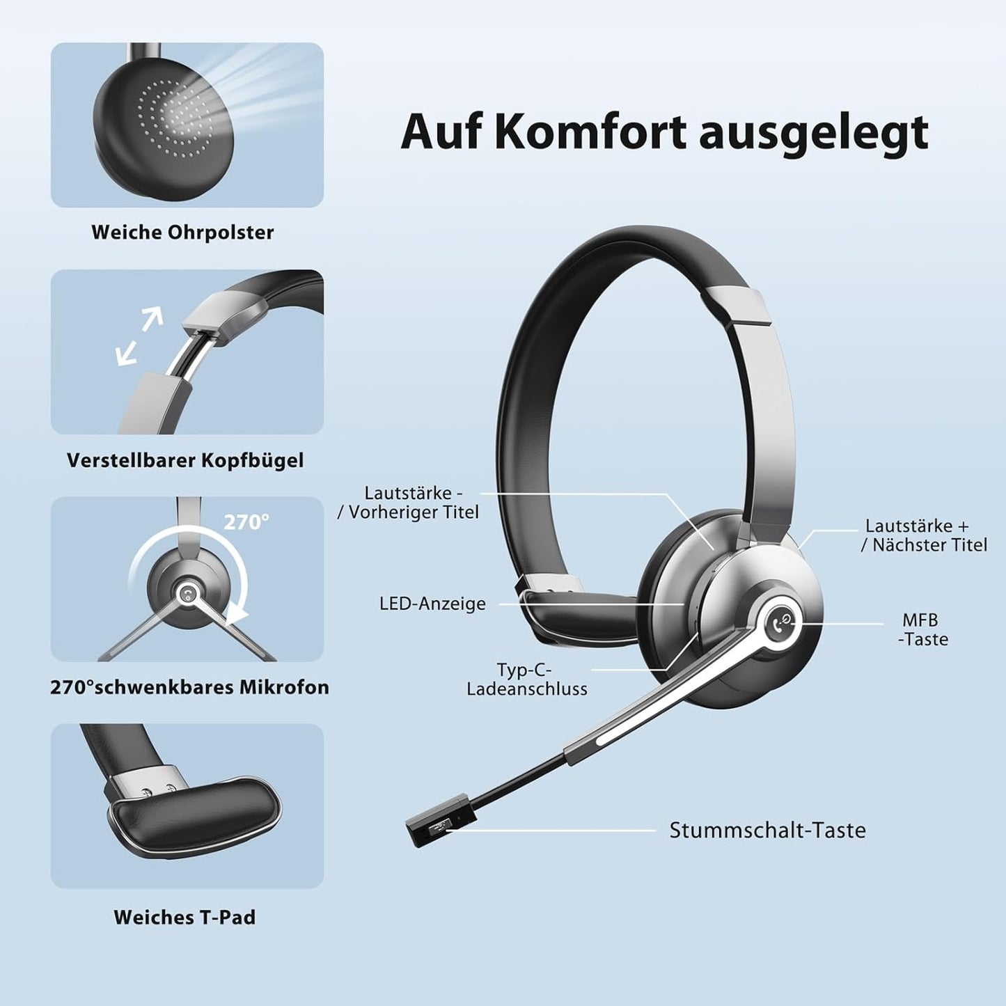 Bluetooth-Headset mit USB-Dongle & Ladestation, Black/grey