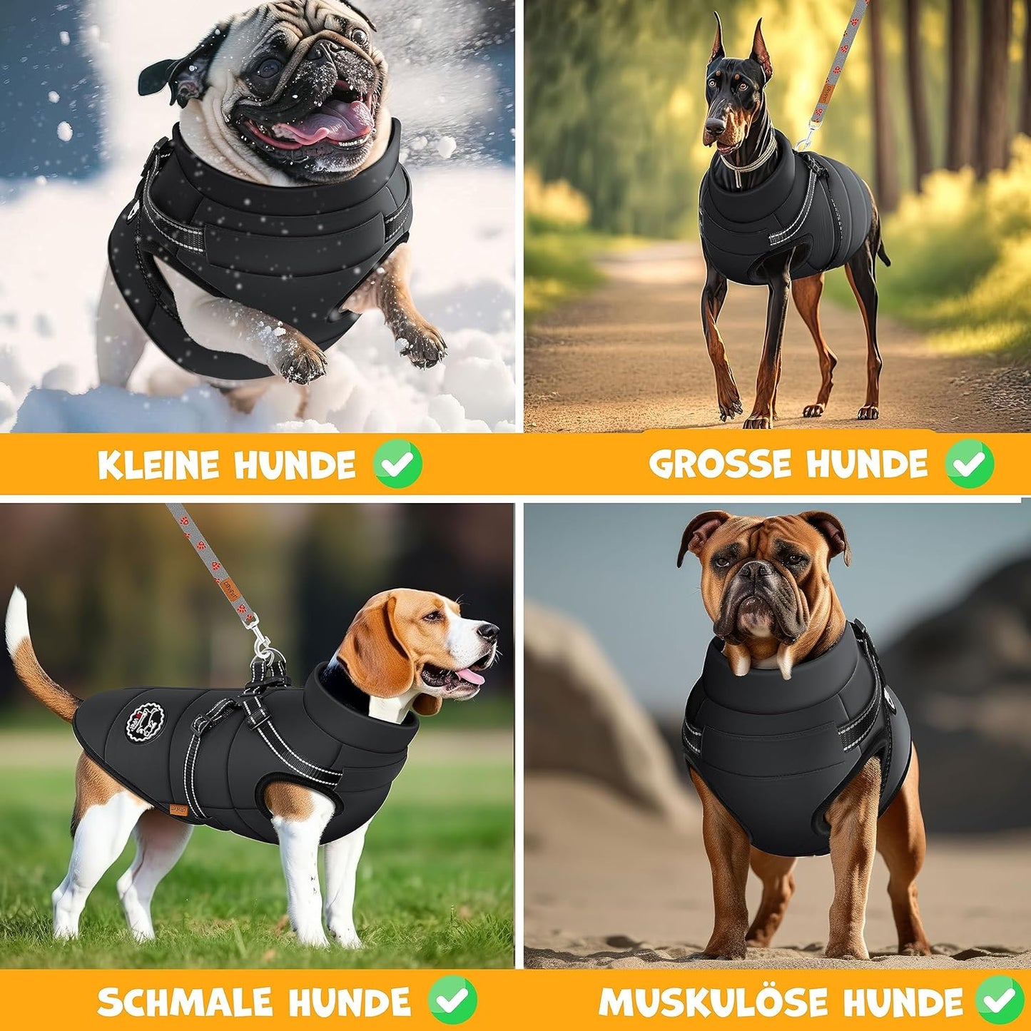 Hundewintermantel mit Geschirr & Kotbeutel-Set, 4XL Schwarz