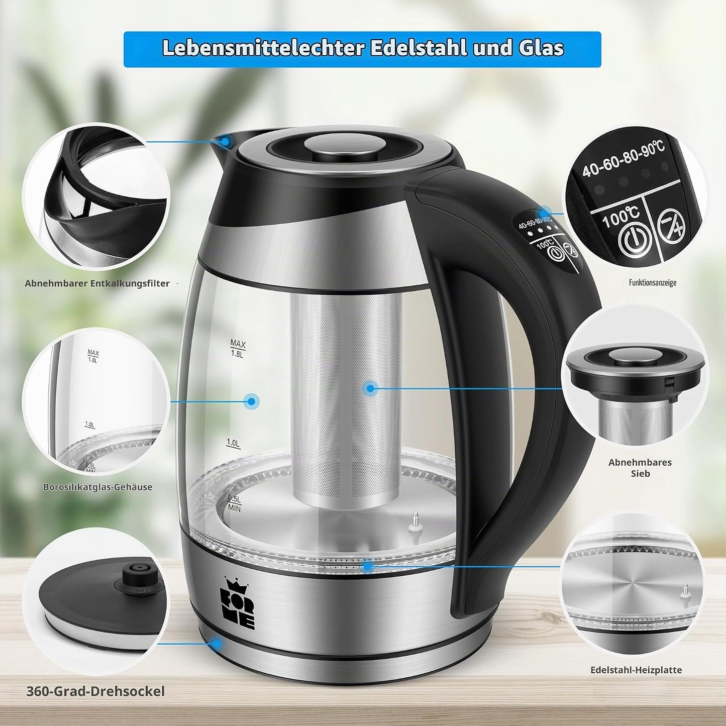 Elektrischer Wasserkocher mit Teesieb, Schwarz 488