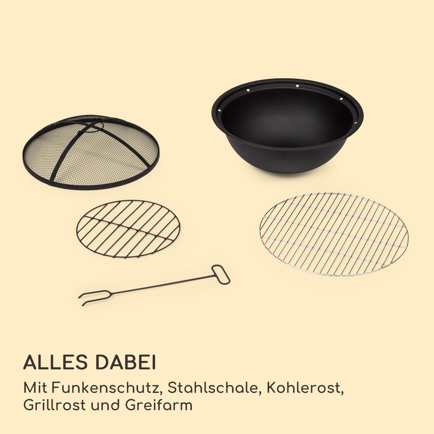 Tragbare Feuerschale mit Grillrost & Holzlagerfach, Grail Grau