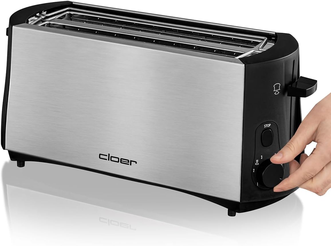 Langschlitztoaster für 4 Scheiben mit Brötchenaufsatz, Edelstahlgehäuse 4 Scheiben Langschlitz Single