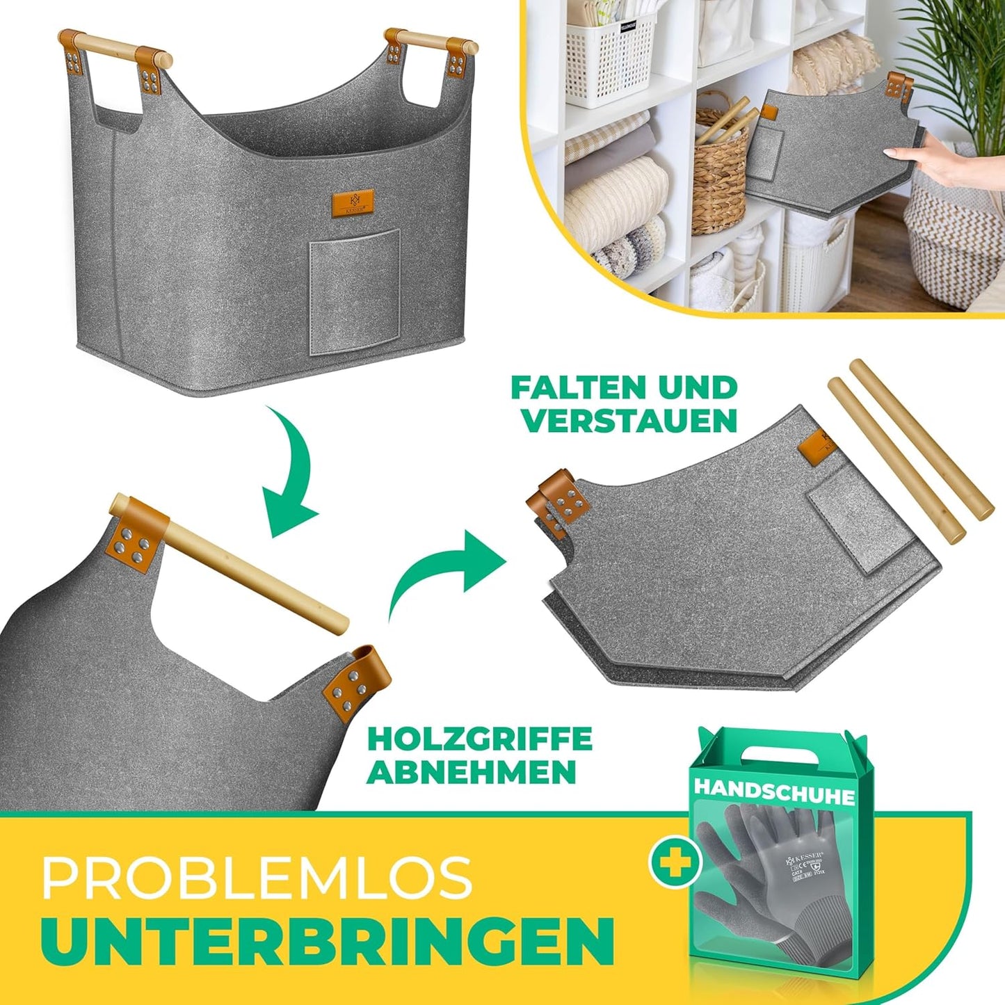 Faltbarer Brennholzkorb mit Holzgriffen, 90 Liter Grau