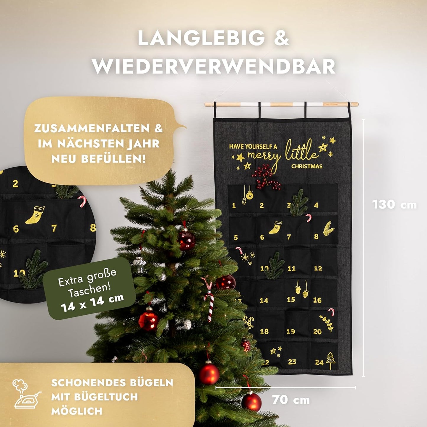 Adventskalender zum Befüllen, Schwarz - Gold