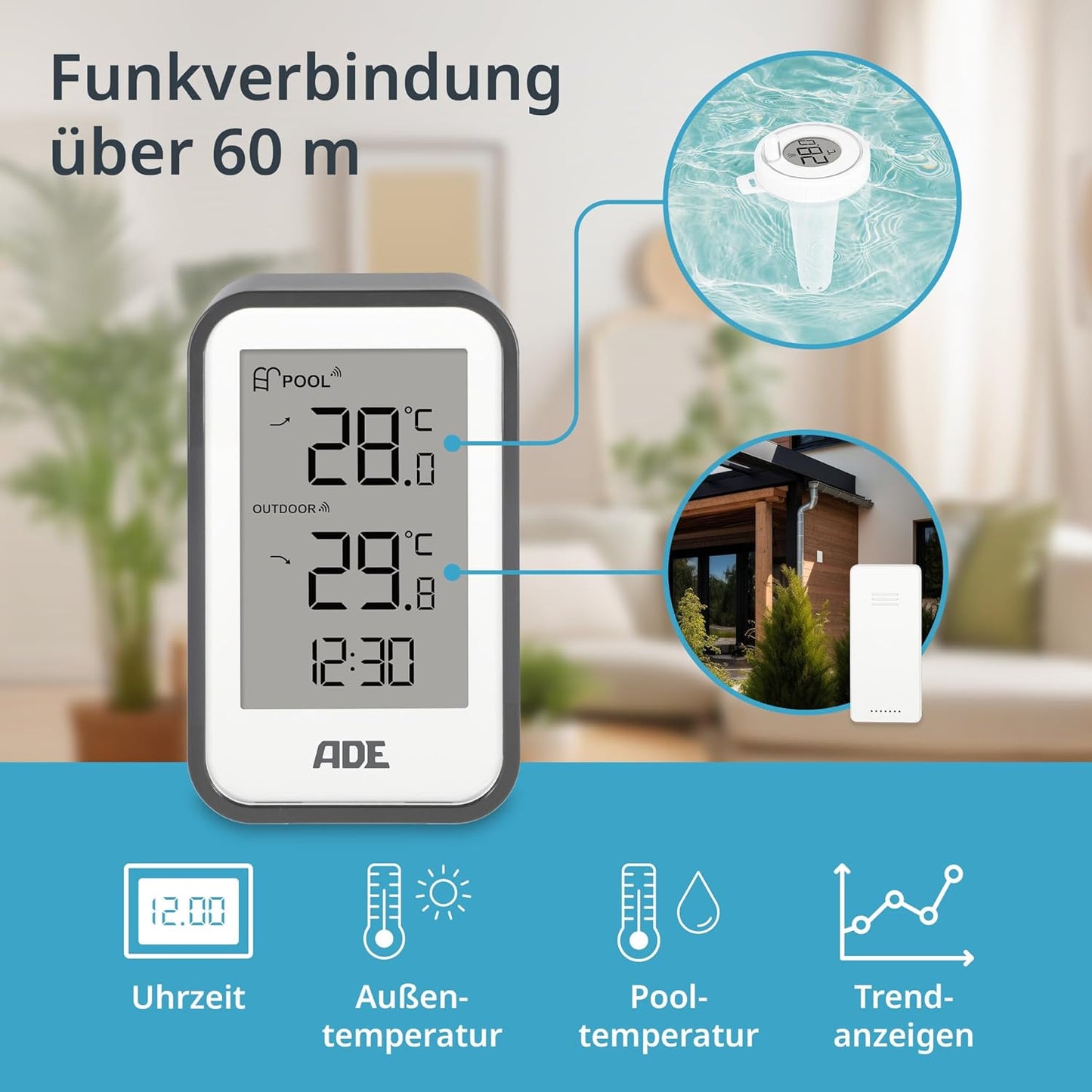 Schwimmendes Poolthermometer mit Funksensor, Weiss