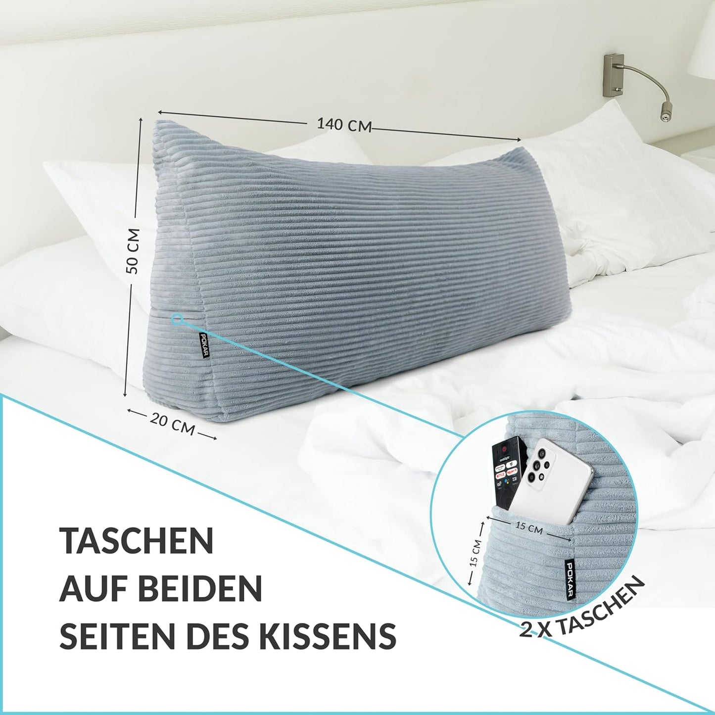 Rückenkissen Keilkissen mit Seitentaschen, 140x50 Beige