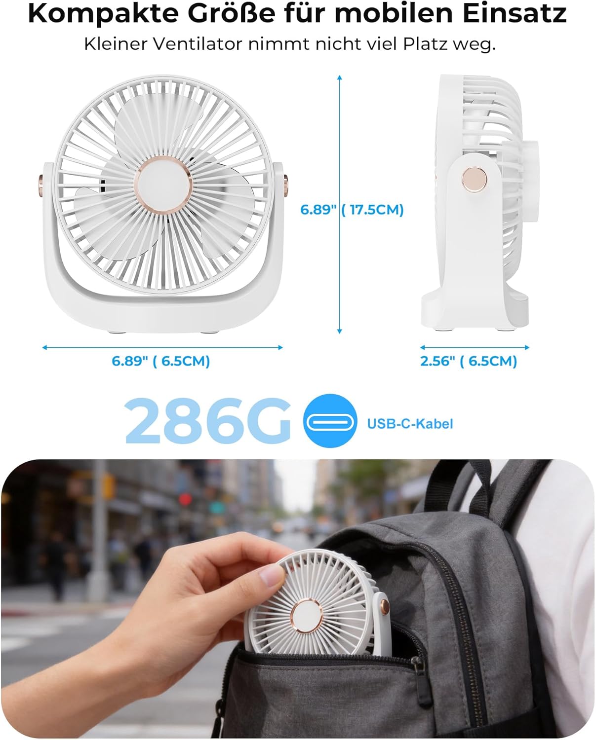 Leiser Tischventilator mit Nachtlicht und USB-Ladung, Weiss