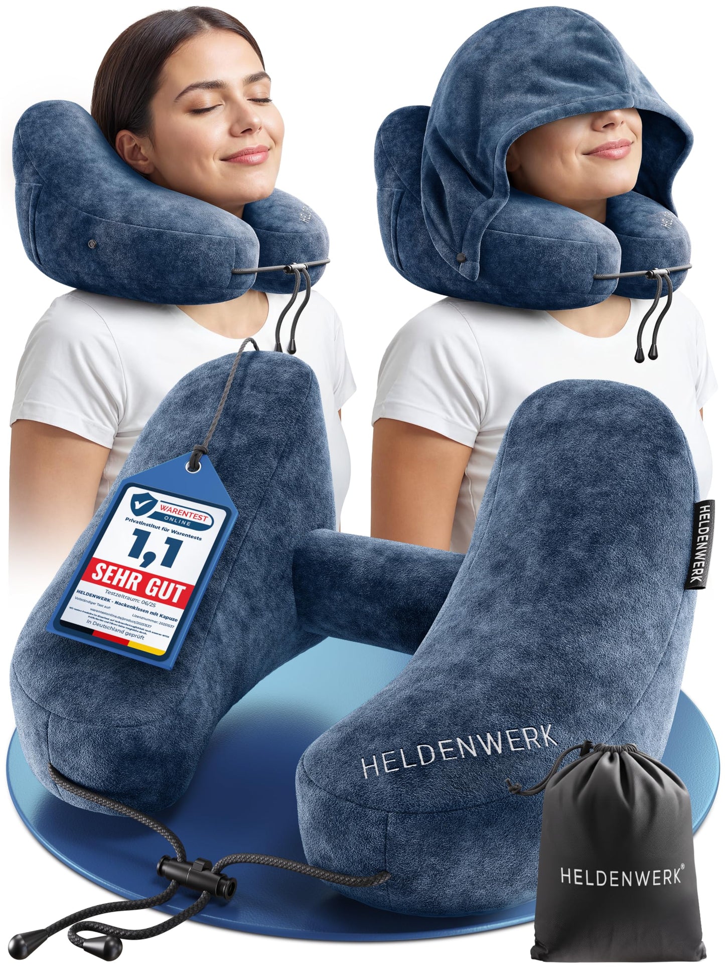 Aufblasbares Nackenkissen mit abnehmbarer Kapuze, Grösse M, Navy Blue Klein - für zierliche Frauen und Teenager
