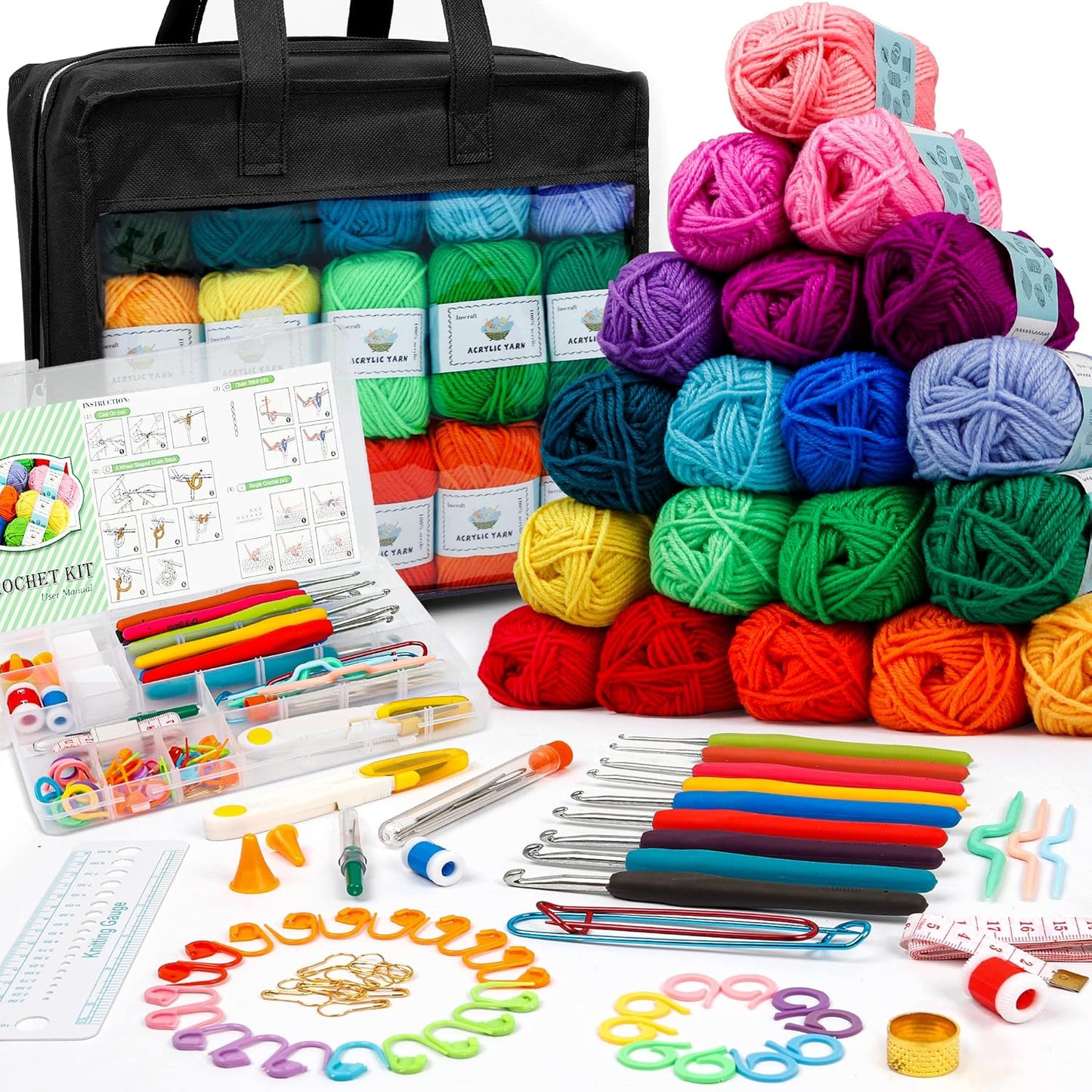 Häkelwolle-Set mit Zubehör, 20 Farben-2180yd