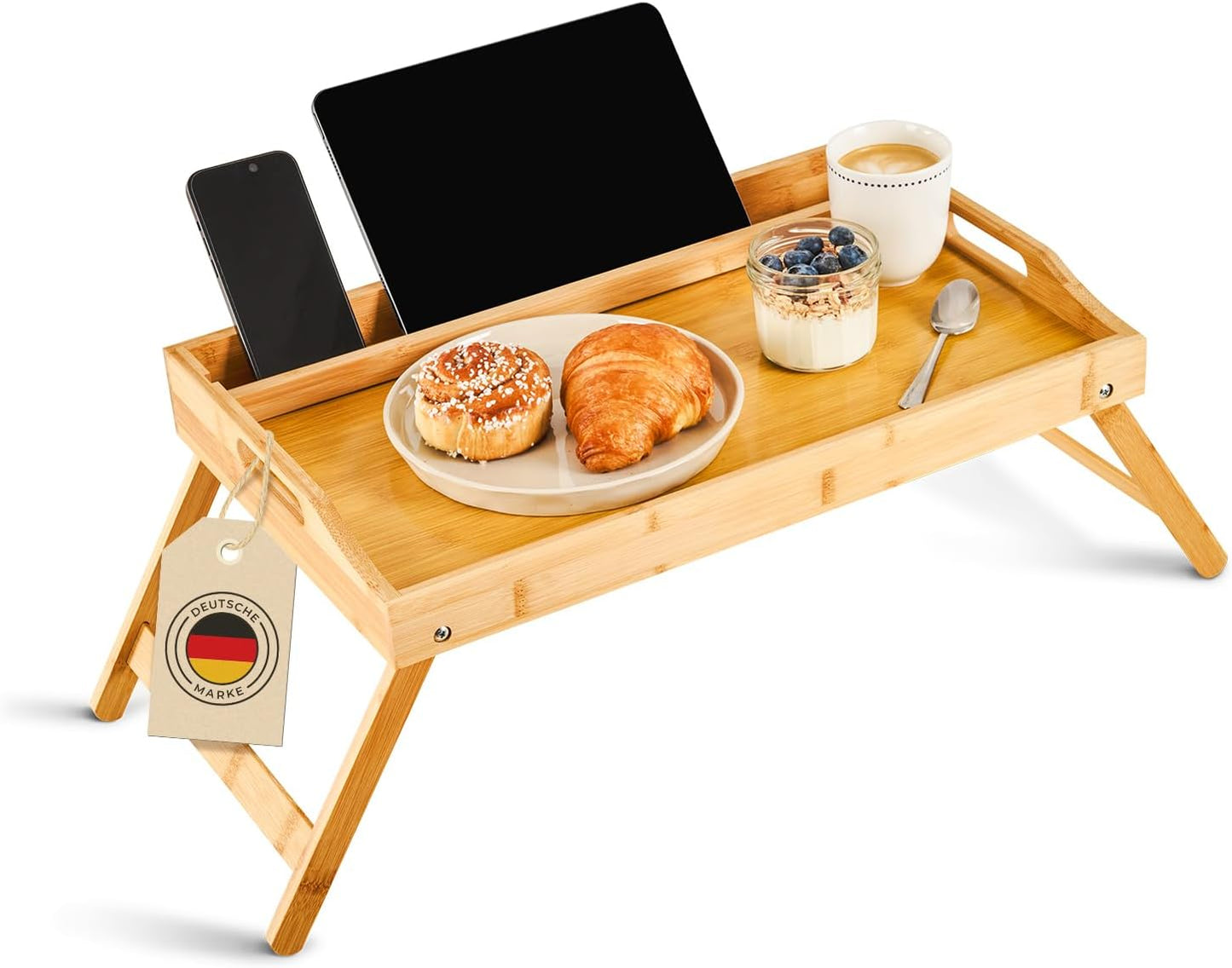 Klappbares Betttablett mit Tablet-Halterung, Natur