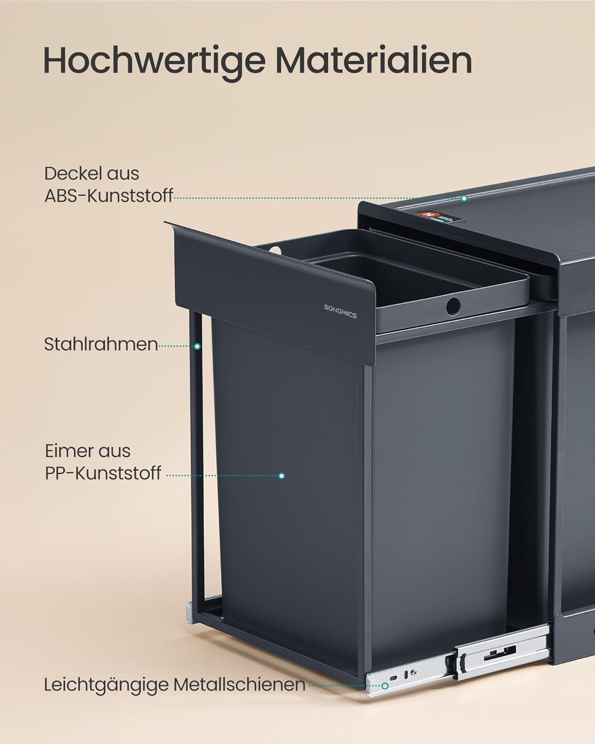 Mülltrennsystem für Unterschrank, 2 x 20 L, LTB951GZ01, grau 2 x 20 L