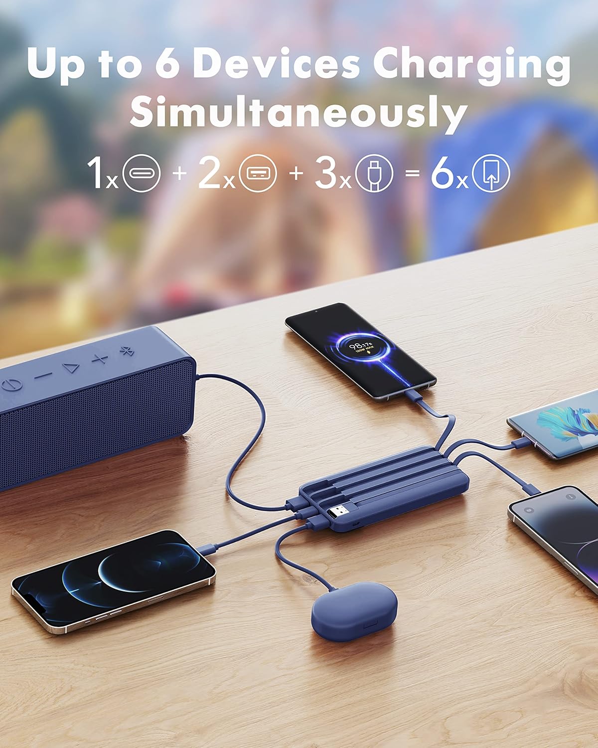 Powerbank mit 4 integrierten Ladekabeln, Blau