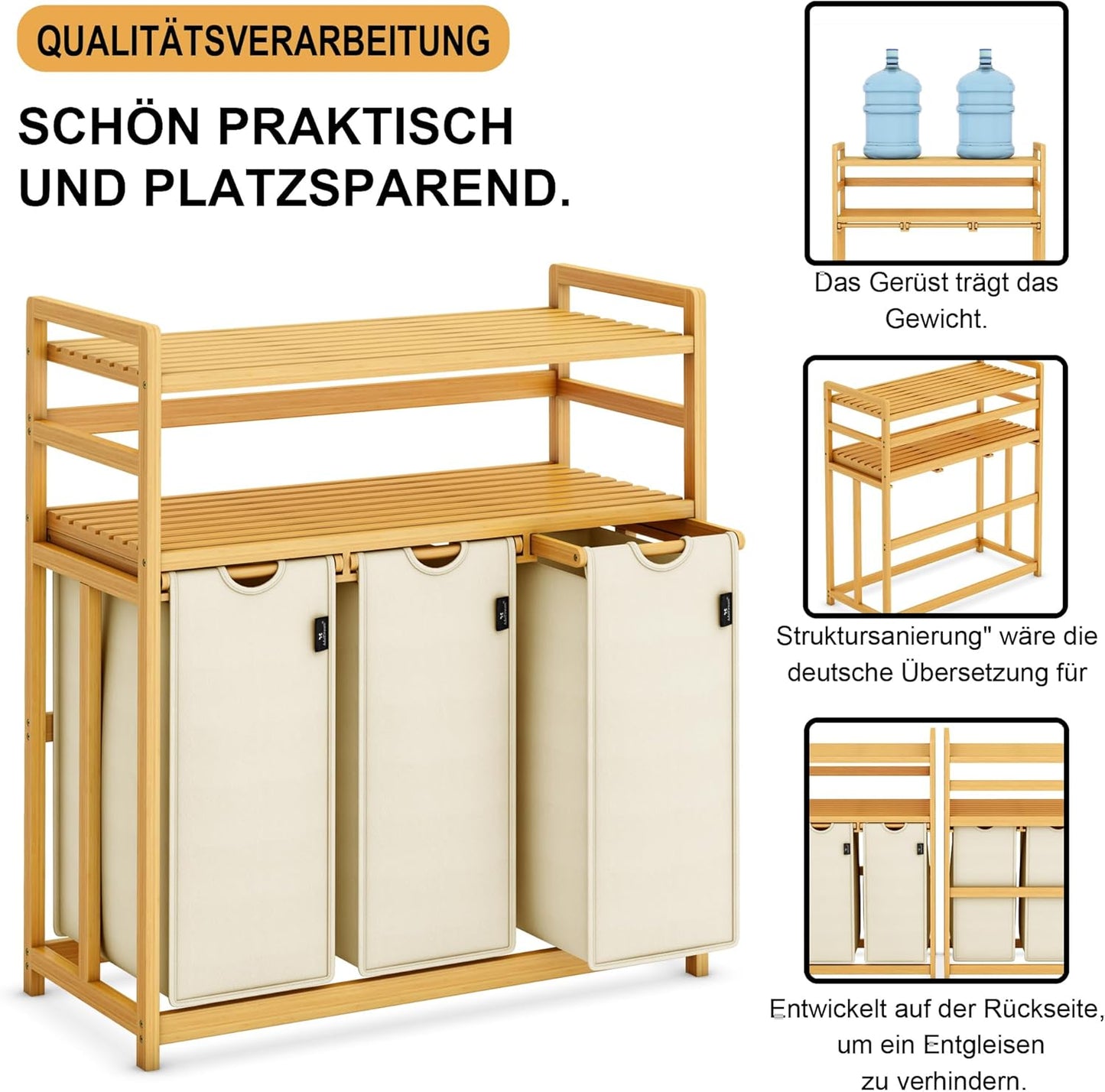 3-Fächer Wäschesortierer mit Doppelregal, Beige-6-15