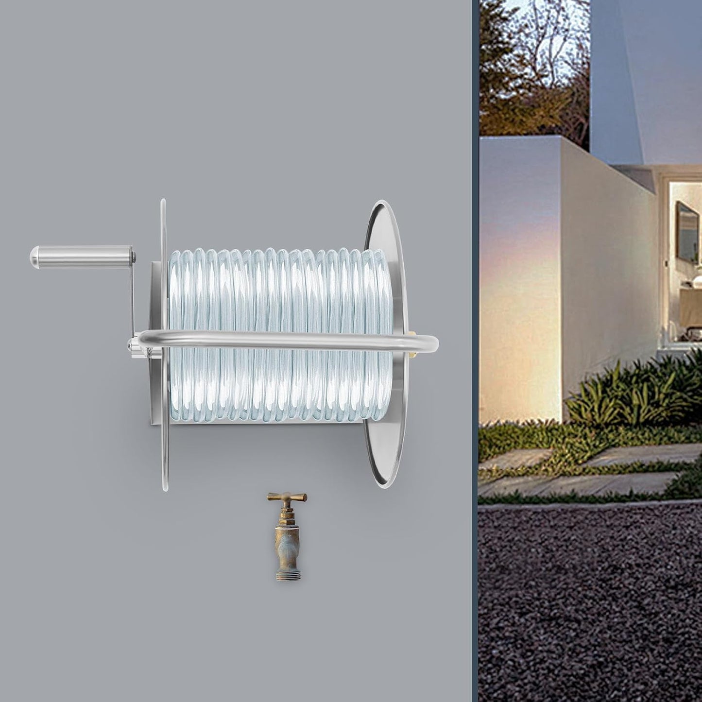 Schlauchtrommel Edelstahl 50 m mit Wand-/Bodenhalterung