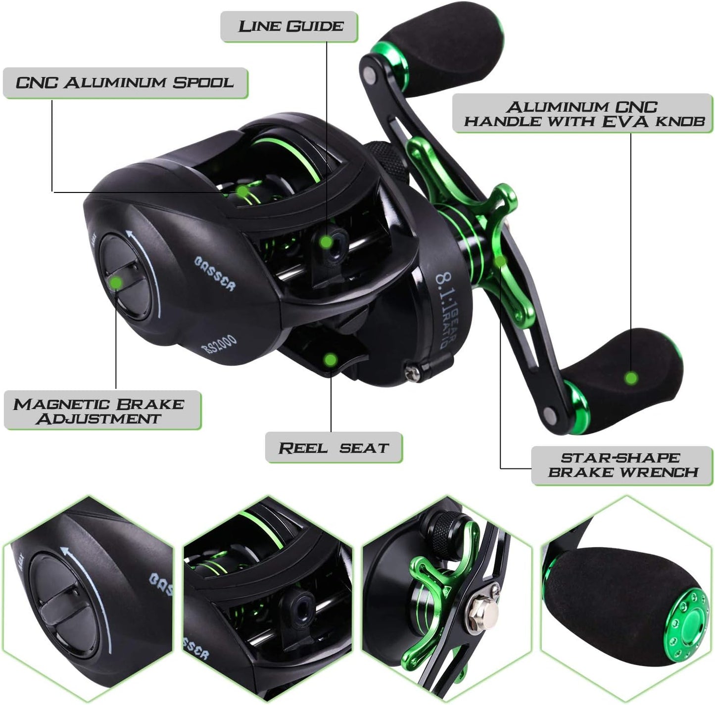 4-teiliges Angelruten-Set, 2.1M/6.89FT with Right Handed Reel A-Baitcasting Rute und Spule