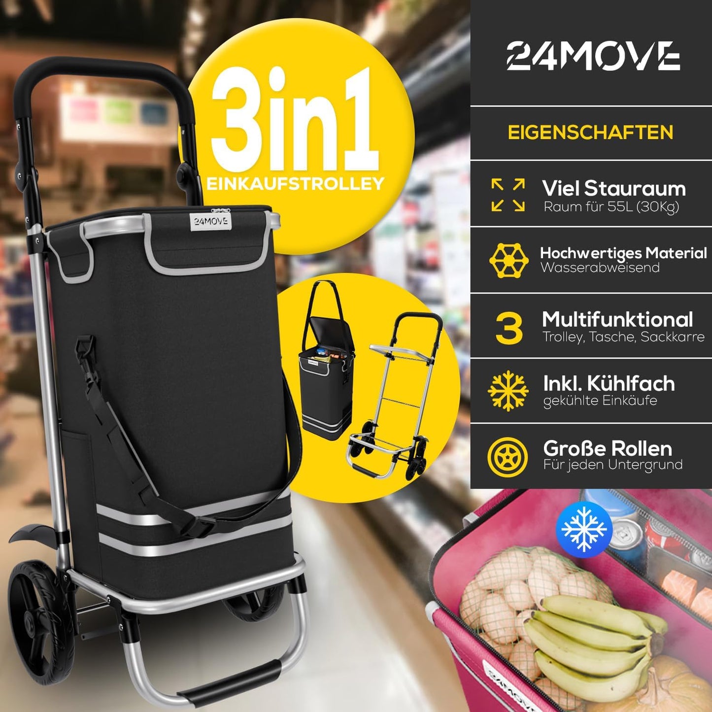 Klappbarer Einkaufstrolley mit Kühlfach, Normalrad Schwarz