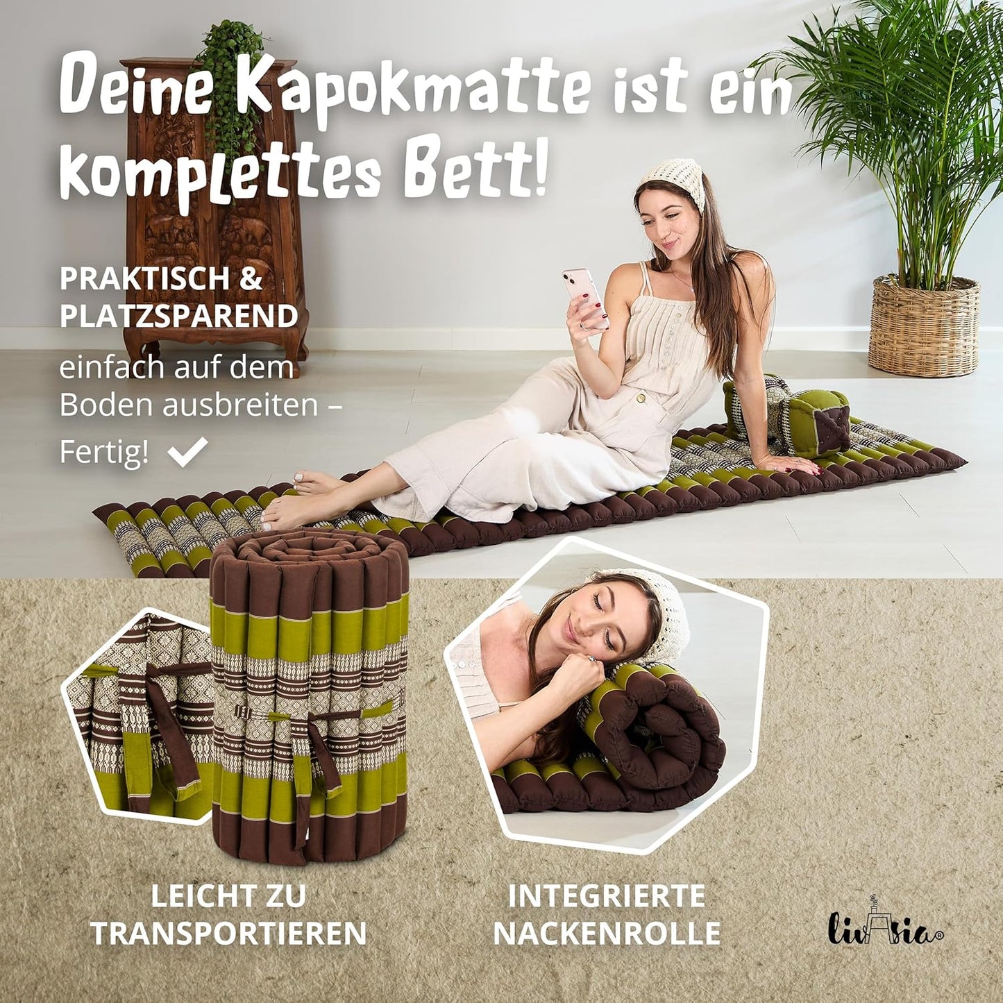 Rollmatratze für Gäste und Outdoor (200x50x4,5 cm), S (200 x 50 cm) Braun/Grün