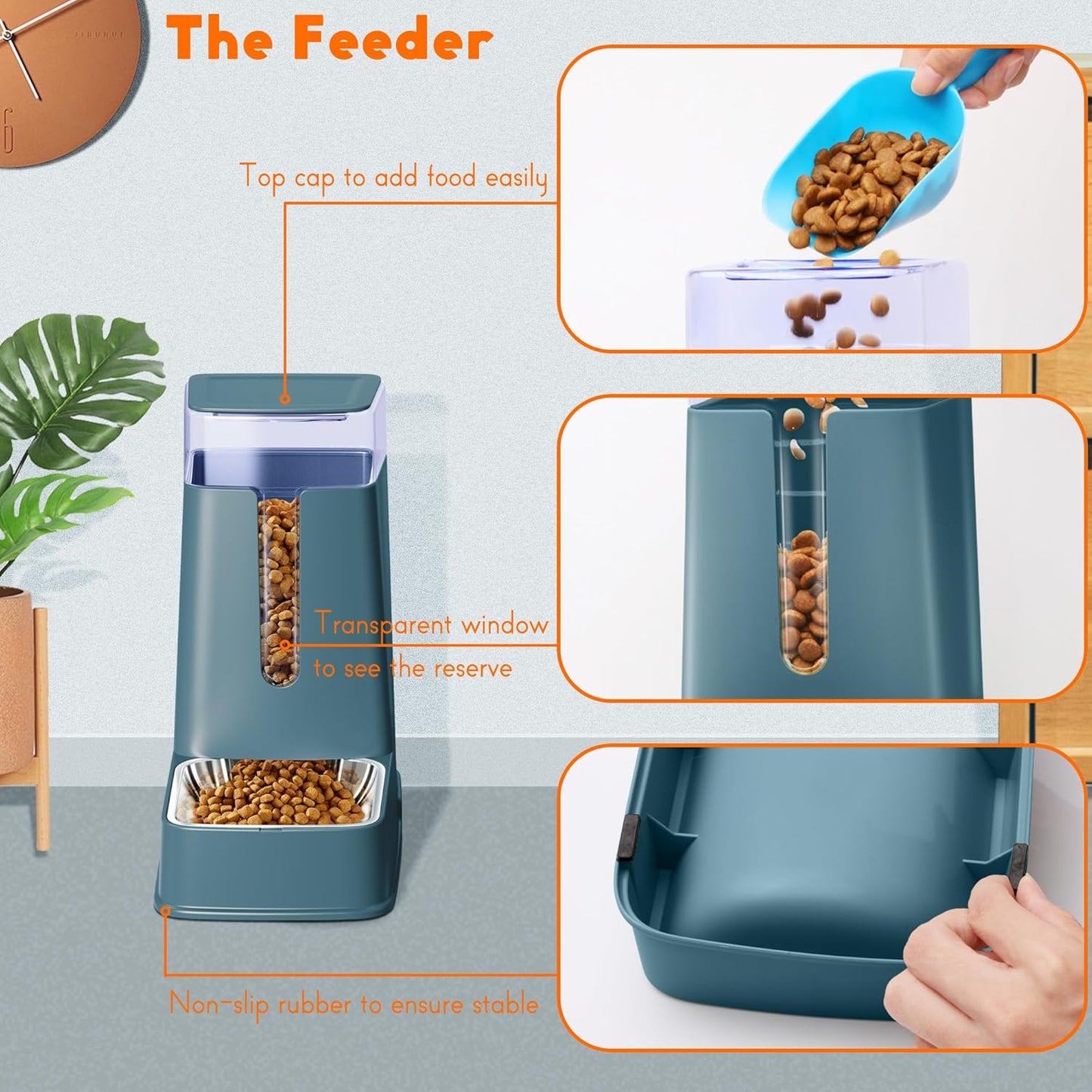 Automatischer Futter- und Wasserspender Set, cyan stainless steel