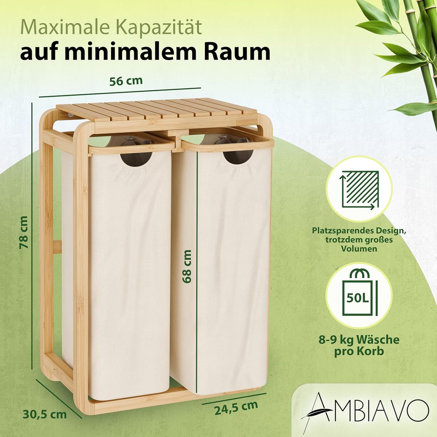 Wäschekorb mit 2 Fächern & Ablage, 2 Fächer Beige