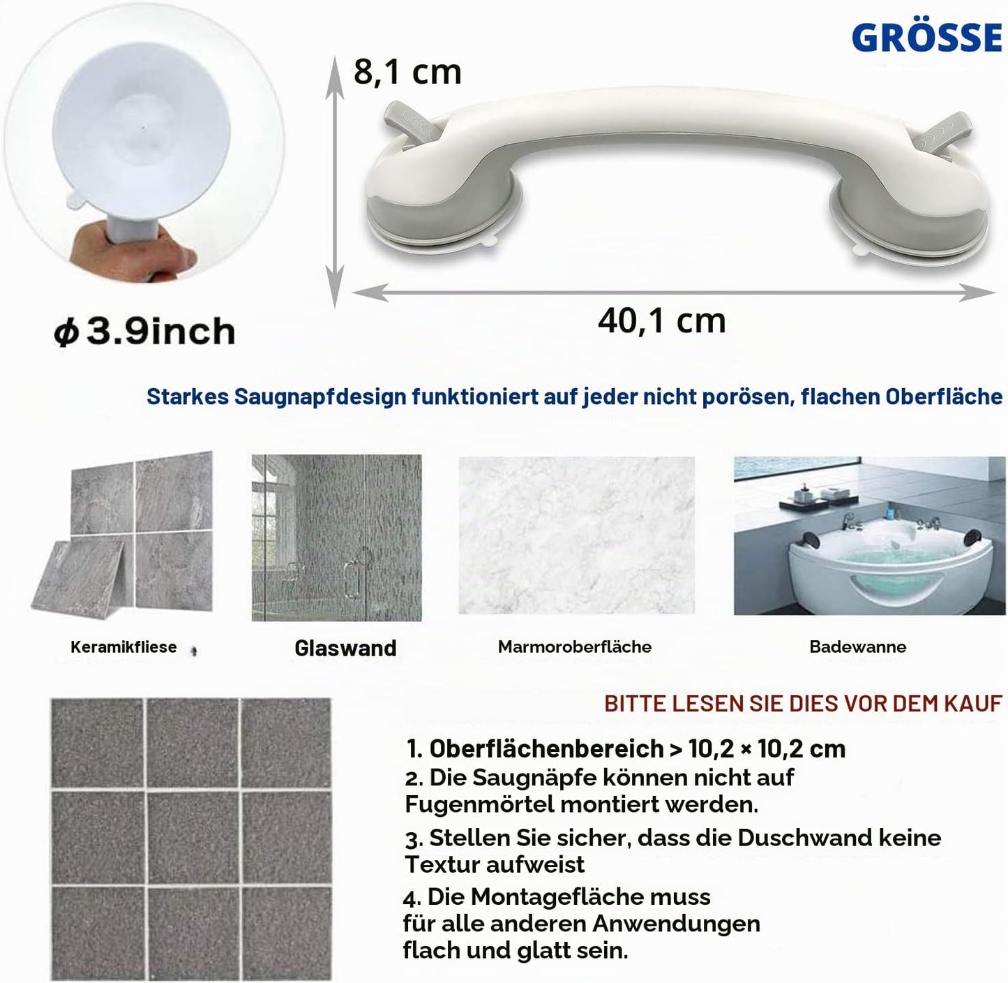 Dusche Haltegriff mit Saugnapf, 40 cm, ohne Bohren, 40CM,1 Stücke