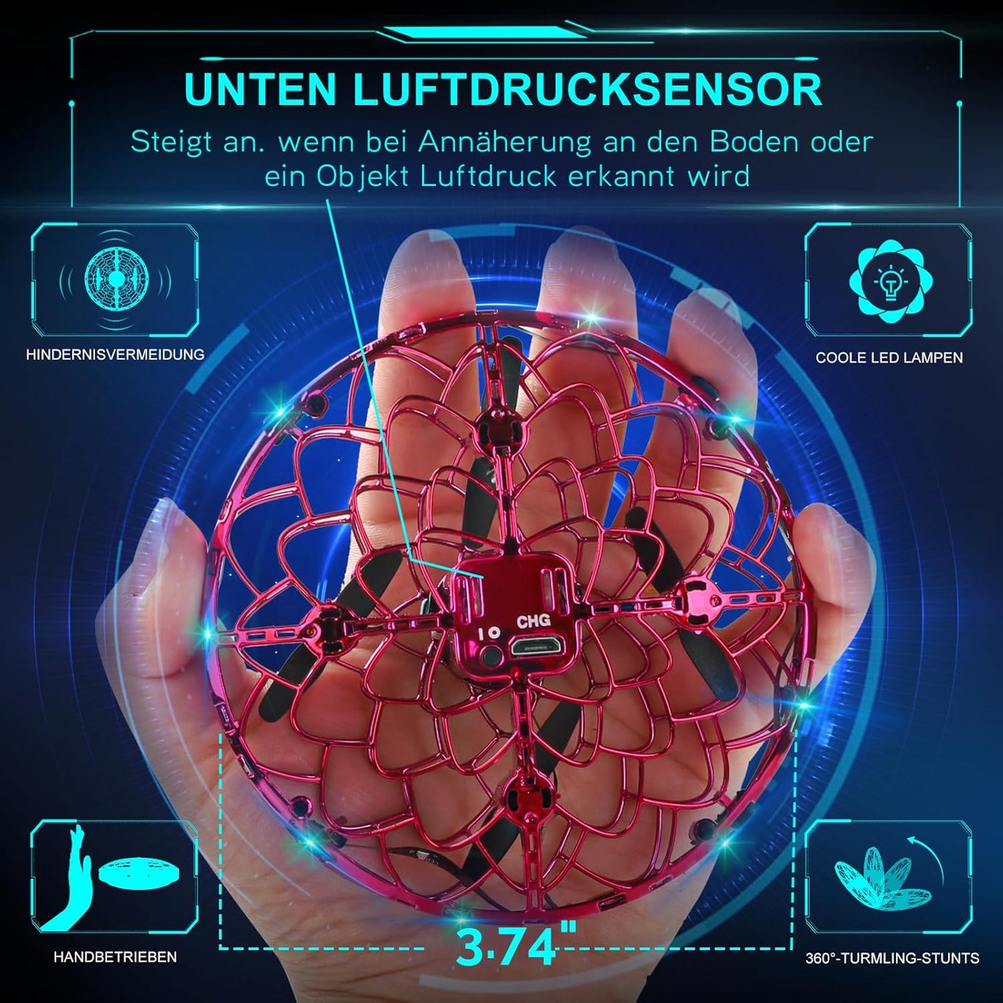 Mini UFO Drohne mit LED-Licht und Handsteuerung, Rot