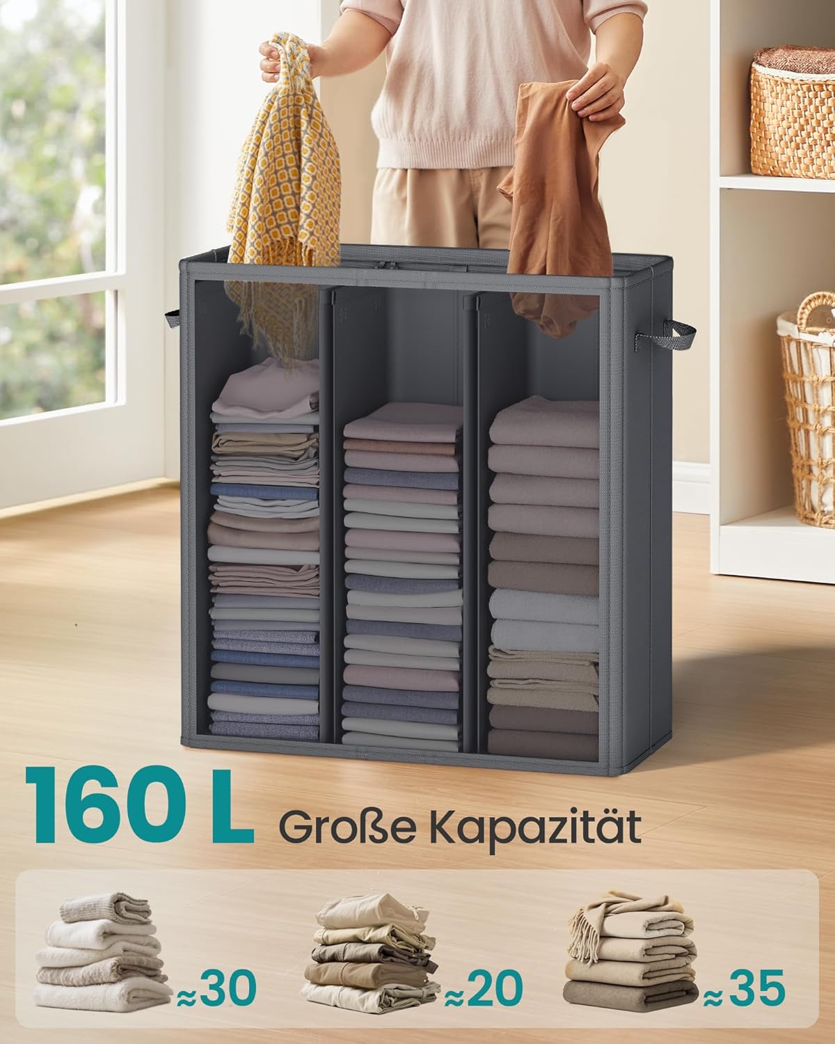 Wäschekorb mit 3 Fächern und Deckel, 160 L Dunkelgrau