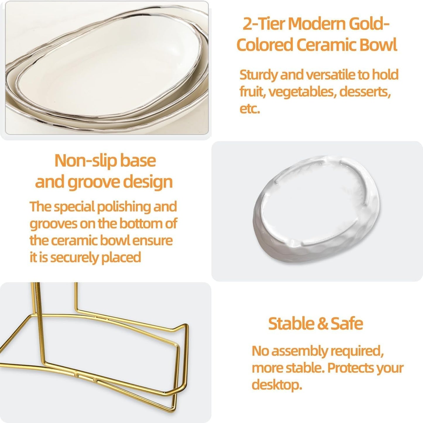 2-stöckige Keramik Obst Etagere mit Metallständer, Gold-weiss-2schale