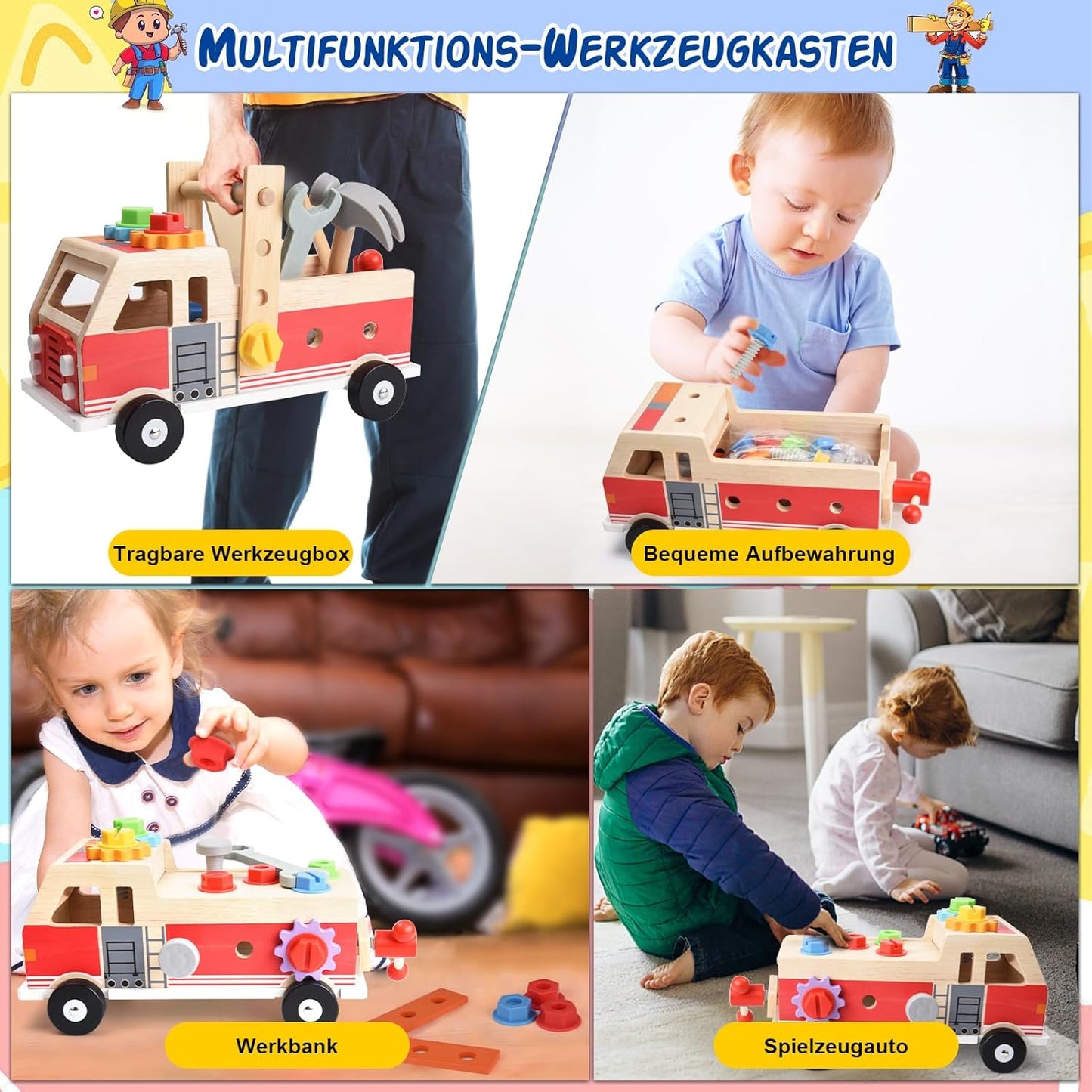 Werkzeugkoffer Kinder Werkbank Holzspielzeug ab 3 Jahren, Feuerwehrauto