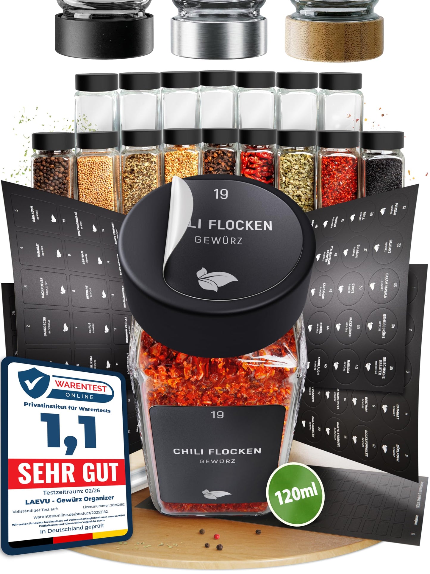 Gewürzglas-Set mit Etiketten und Streueinsätzen, 24er Set - Schwarz Edelstahl