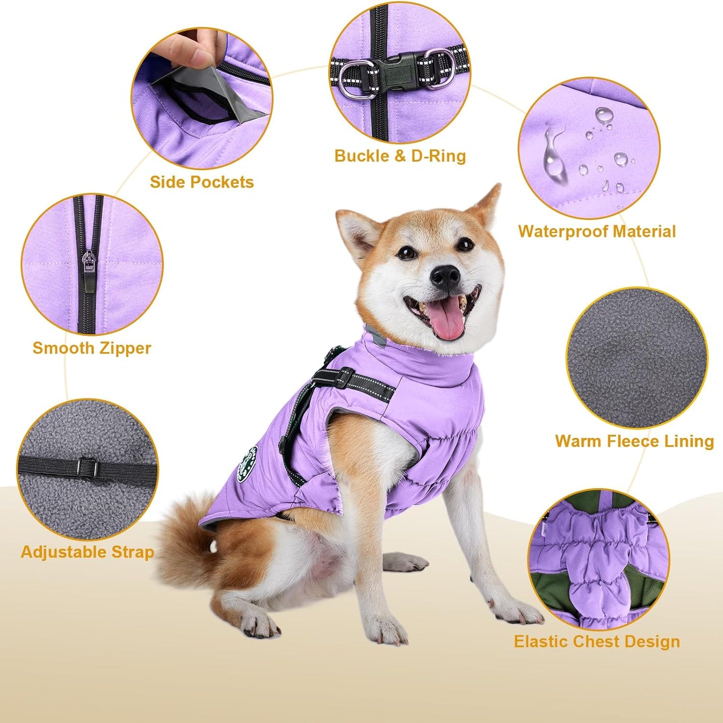 Winter Hundejacke mit Bauchschutz und Fleece, 3XL Lila