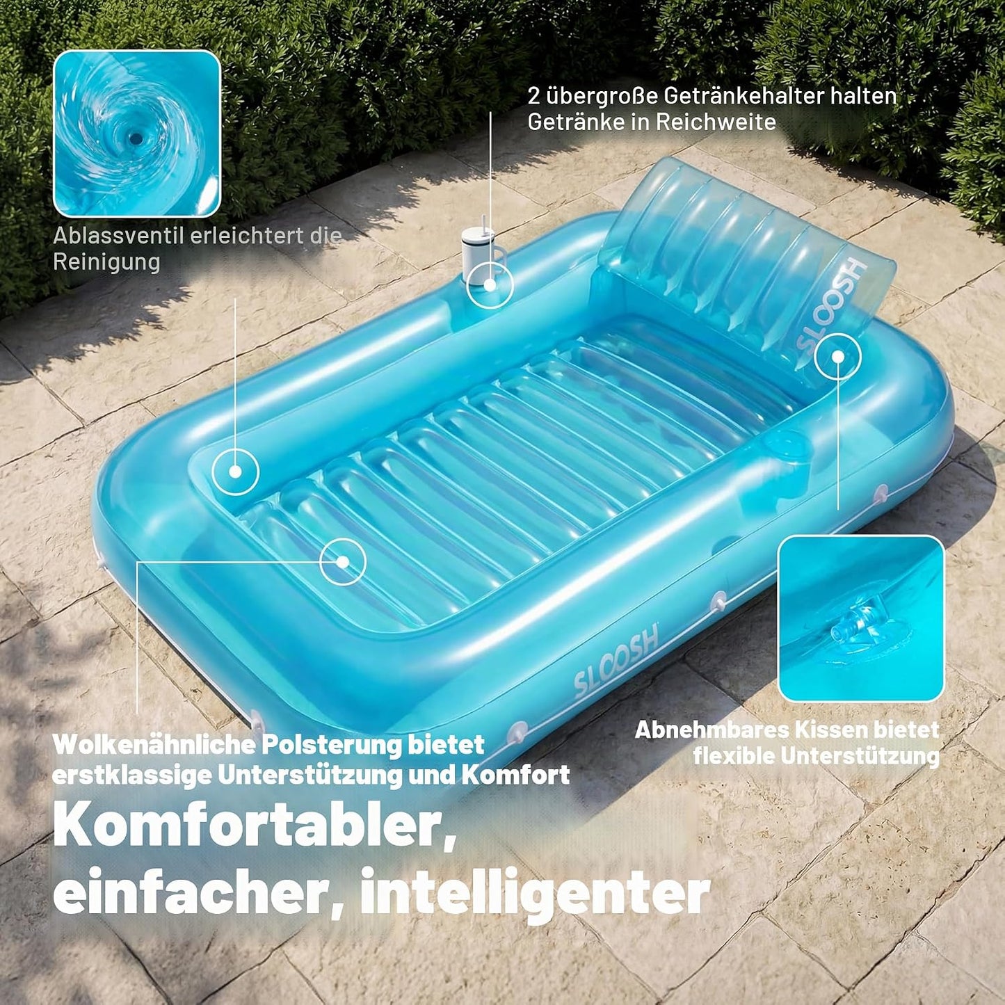 Aufblasbarer Sonnenpool mit abnehmbarem Kissen und Getränkehalter, Blau L