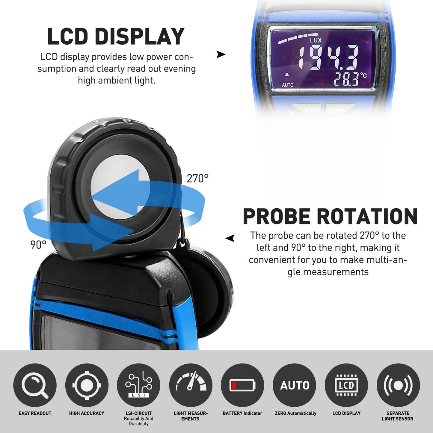 Digitales Luxmeter AI-8801B mit drehbarem Detektor