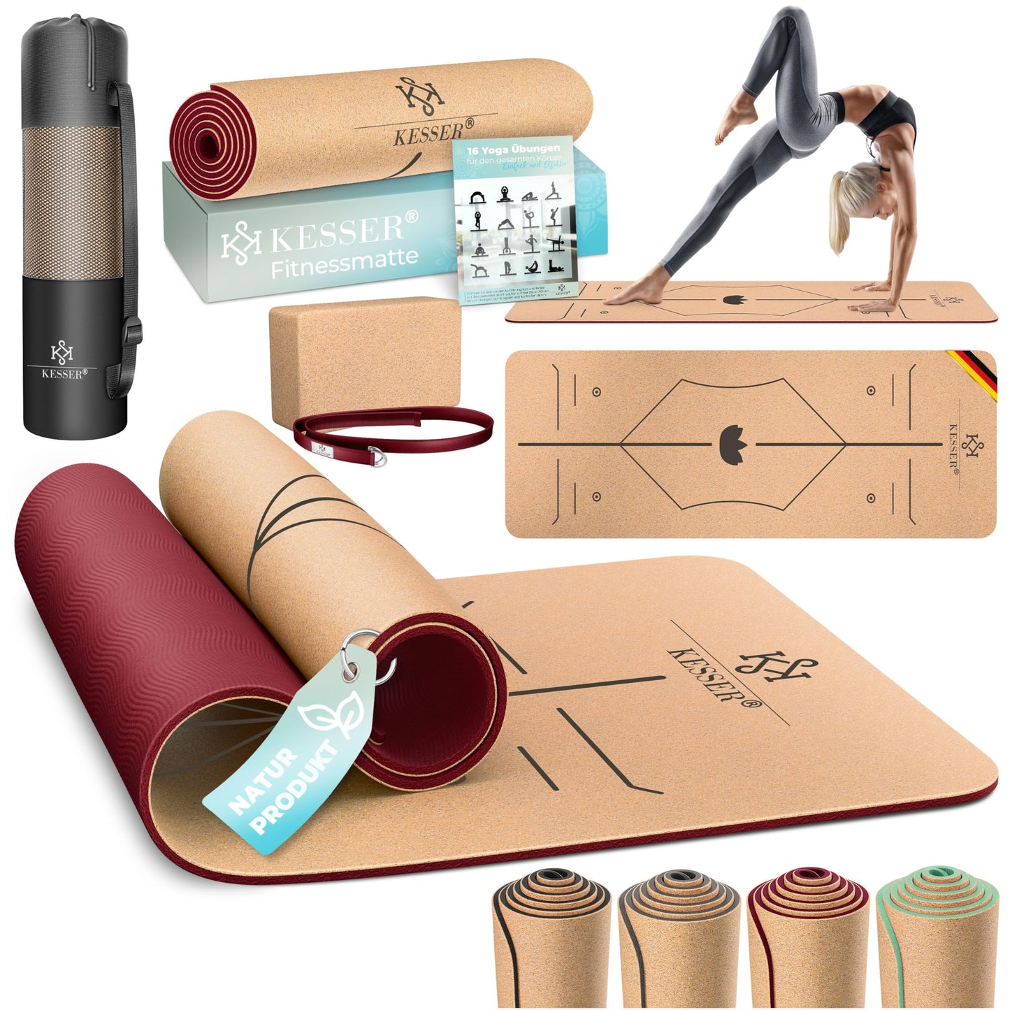 Yogamatte mit Tragegurt & Block, Bordeaux
