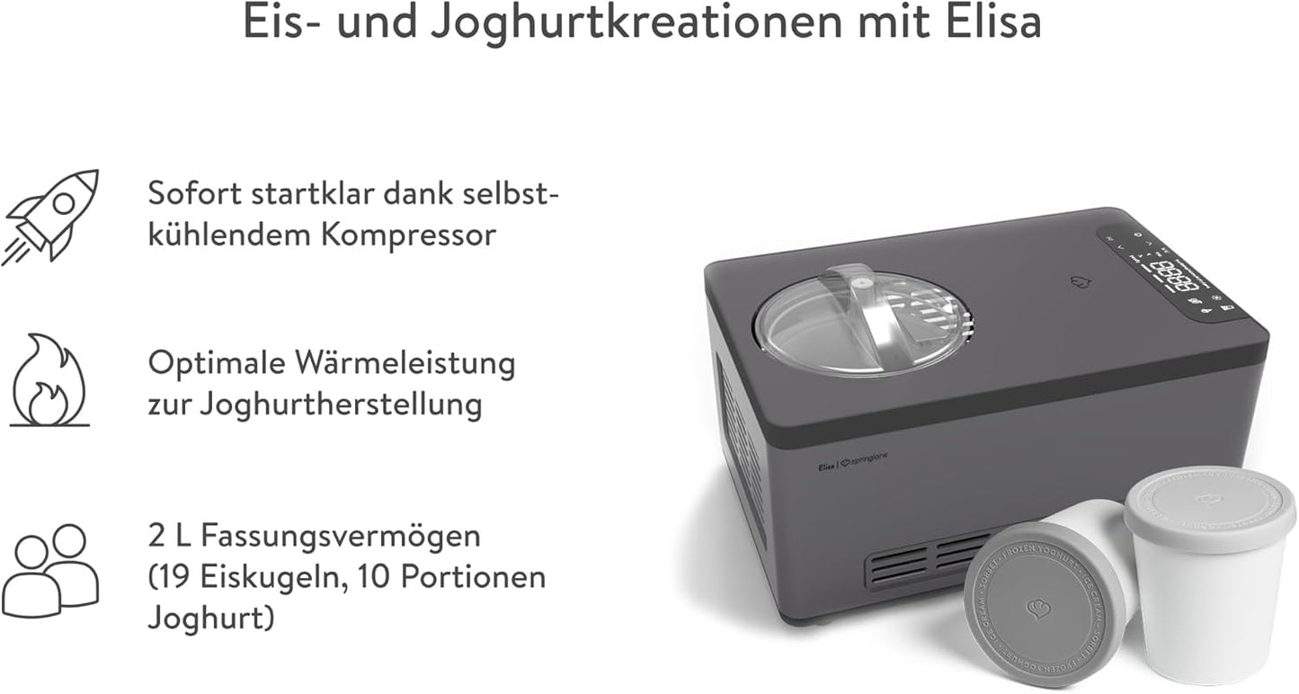 Eismaschine und Joghurtbereiter Elisa, Elisa Anthrazit + 2 Eisbehälter Grau