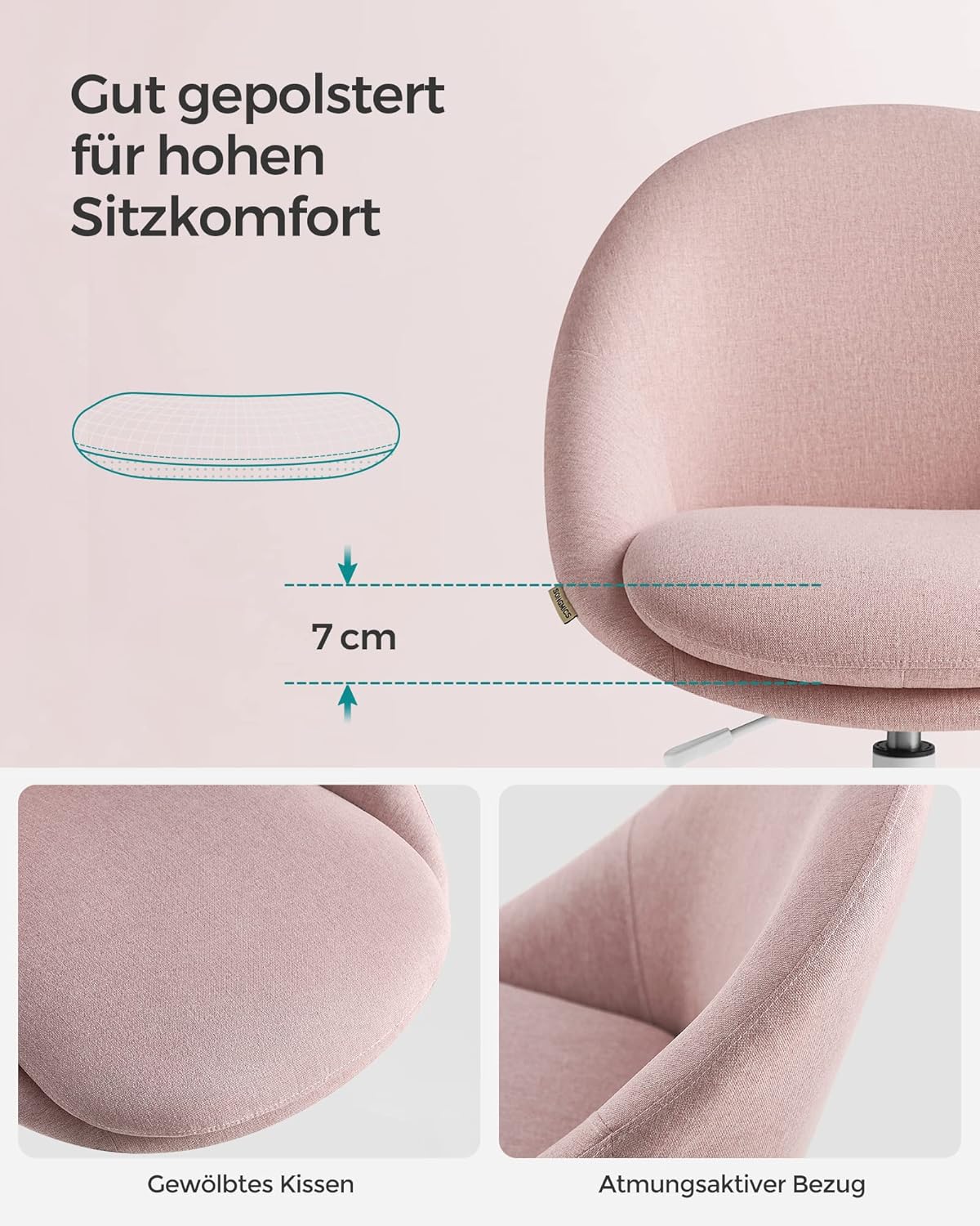 Homeoffice-Schreibtischstuhl, höhenverstellbar, Pastellrosa, Legierter Stahl Baumwolle