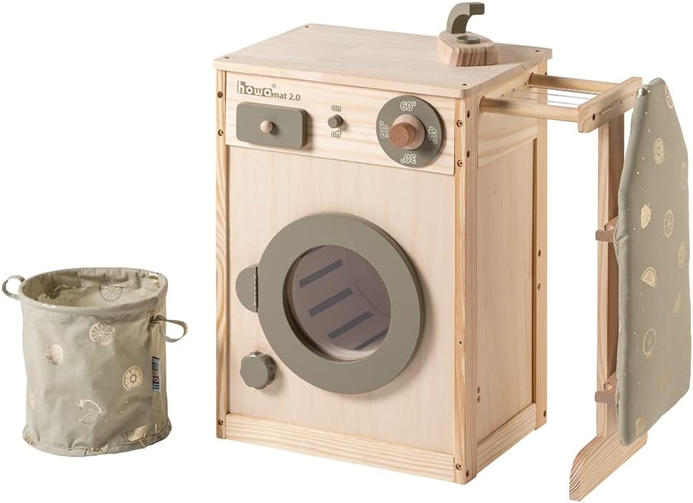 Kinderwaschmaschine mit Wäscheleine, Bügelbrett, Wäschekorb und Bügeleisen