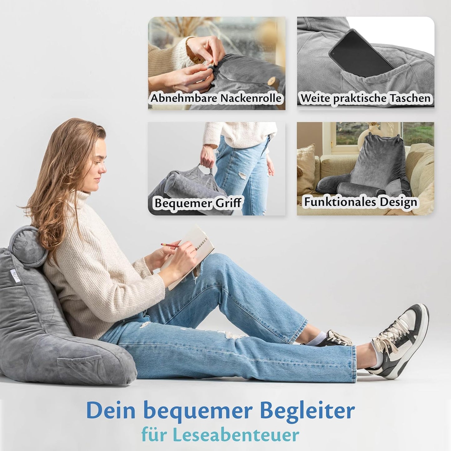 Lesekissen mit Nackenrolle, Grau