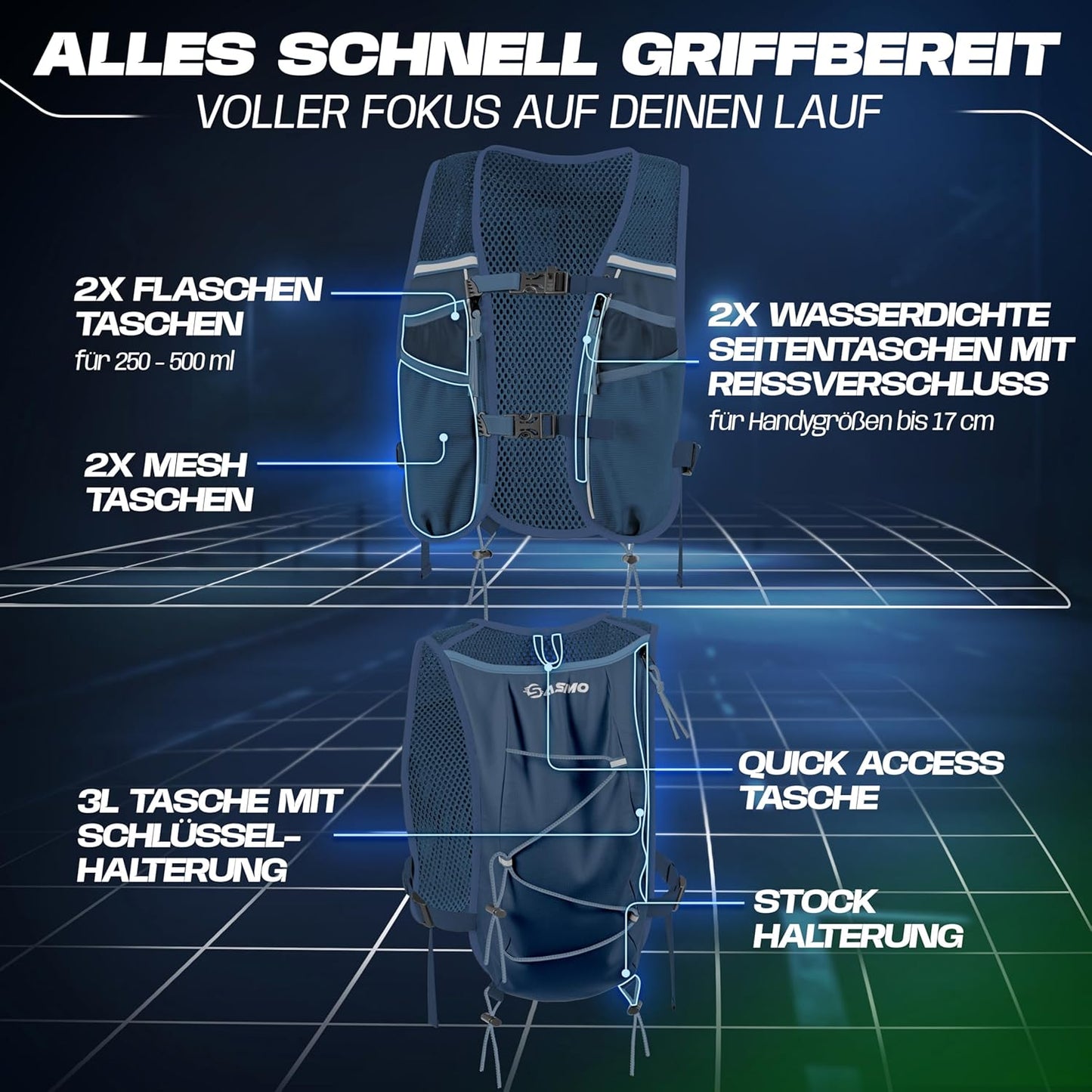 Trinkweste mit 8 Taschen, 5L - blau - mit 2x250ml 5L