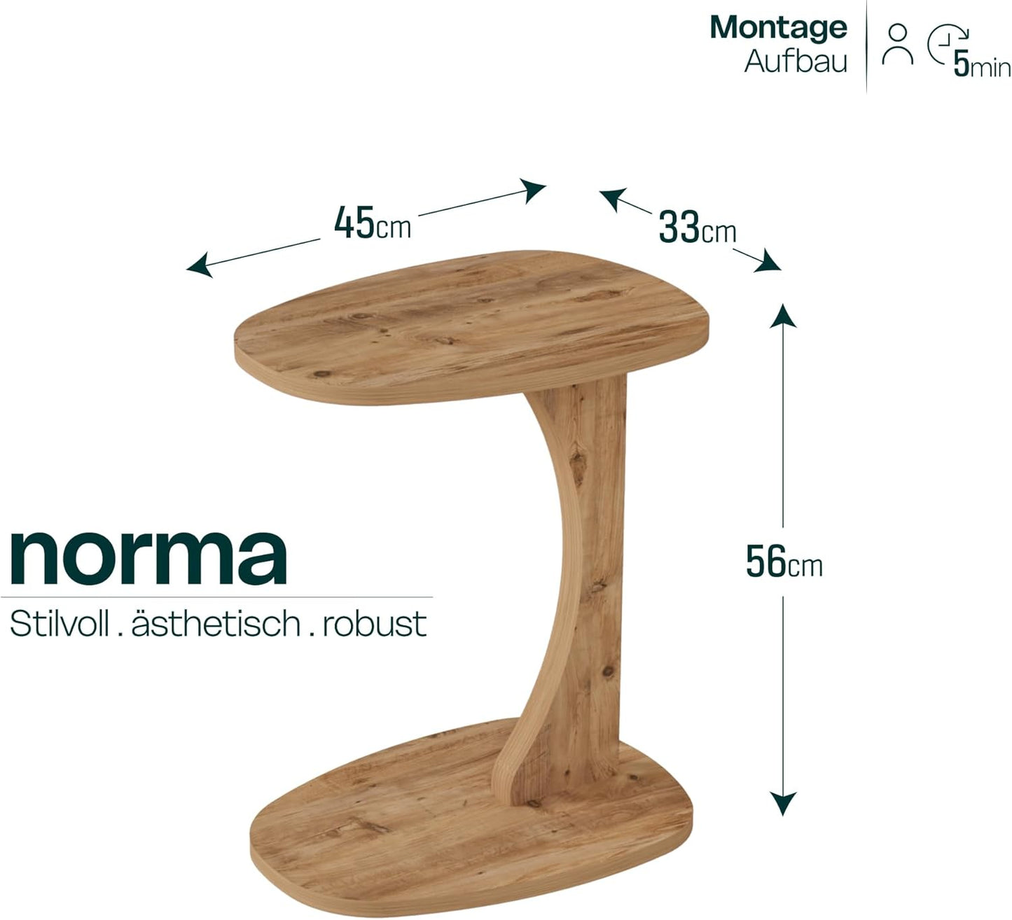 Norma C-förmiger Beistelltisch mit Rollen, Holz-optik
