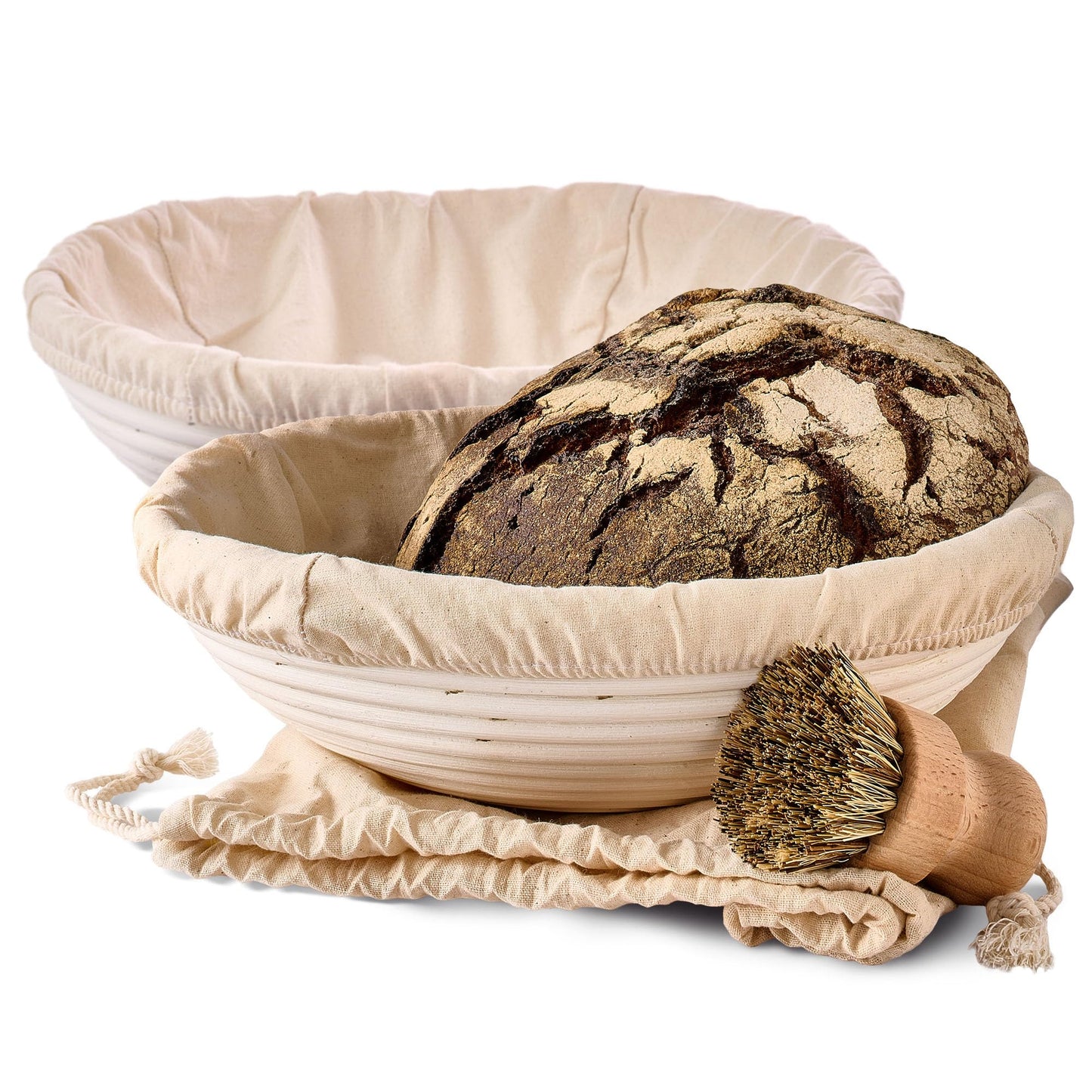 2er-Set Gärkorb zum Brotbacken inkl. Bürste, Leineneinlage & Brotbeutel, 2x 30cm