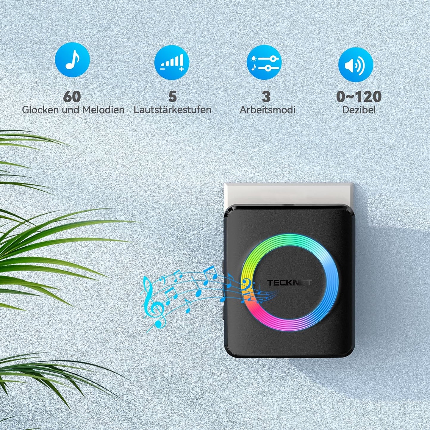 Funkklingel-Set mit 2 Plug-In-Empfänger, 2 Sendern und RGB-Blitz, 2 Empfänger & 2 Sender Schwarz